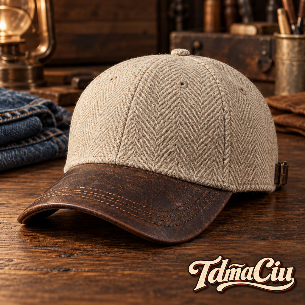 TdmaCiu™ Oatmeal Herringbone Leather-Brim Cap
