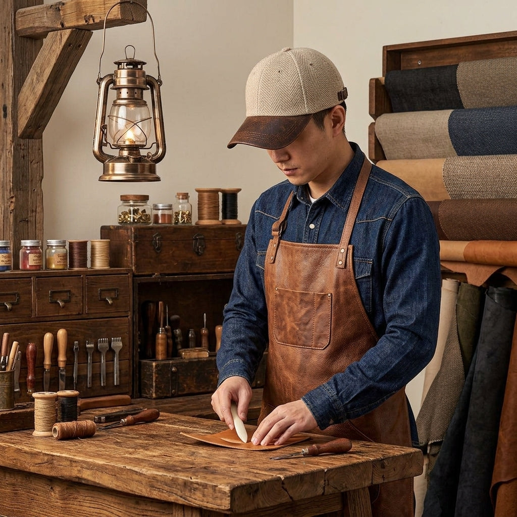 TdmaCiu™ Oatmeal Herringbone Leather-Brim Cap