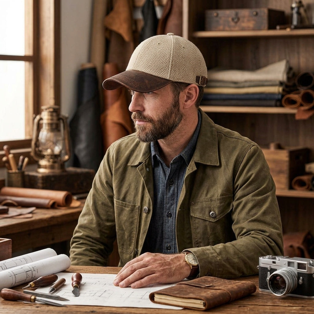 TdmaCiu™ Oatmeal Herringbone Leather-Brim Cap