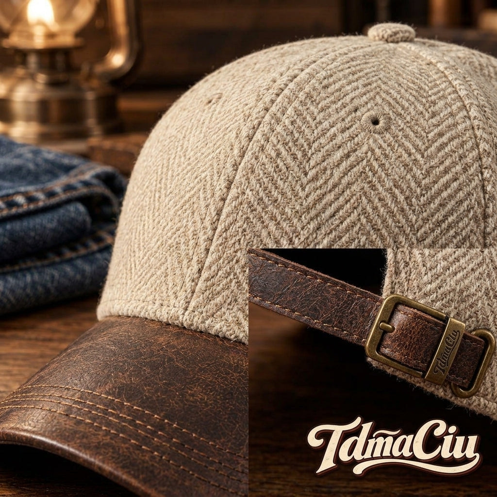 TdmaCiu™ Oatmeal Herringbone Leather-Brim Cap